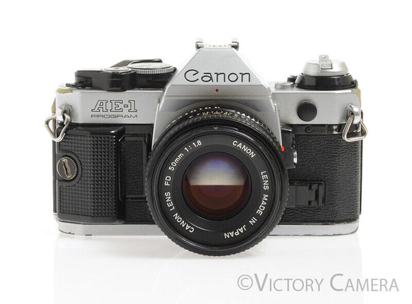Canon AE-1 Program Chrome 35mm Film SLR Camera w/ 50mm F1.8 Lens -No S