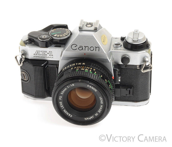 Canon AE-1 Program Chrome 35mm Film SLR Camera w/ 50mm F1