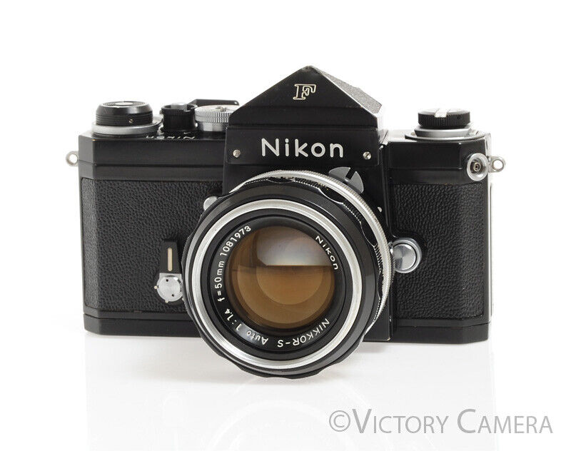 Nikon F Rare Black 35mm Camera w/ Eye Level Finder & 50mm f1.4 Lens -Good  Seals-
