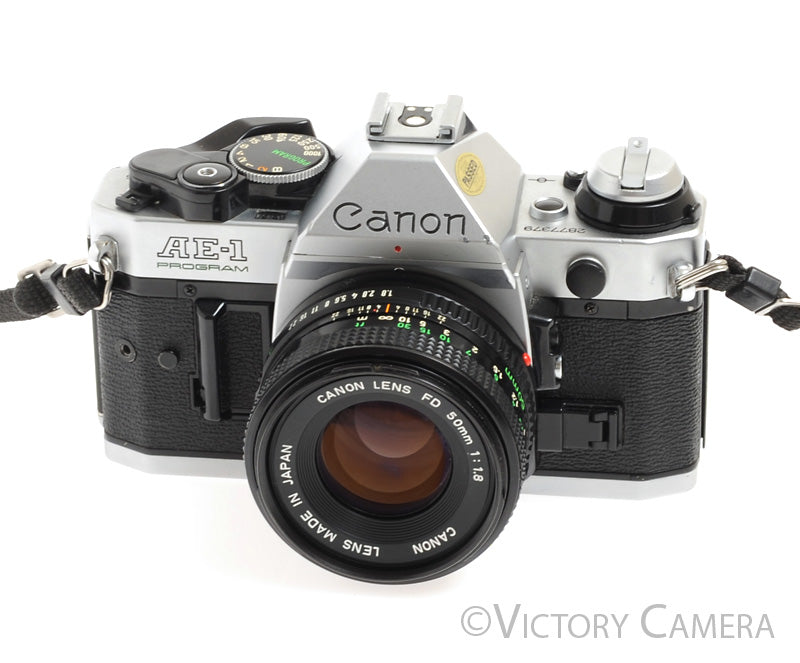 Canon AE-1 Program Chrome 35mm Film SLR Camera w/ 50mm F1.8