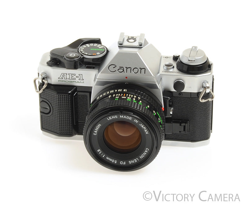 Canon AE-1 Program Chrome 35mm Film Camera w/ 50mm F1.8 Lens -New Seals- [NM] - Victory Camera