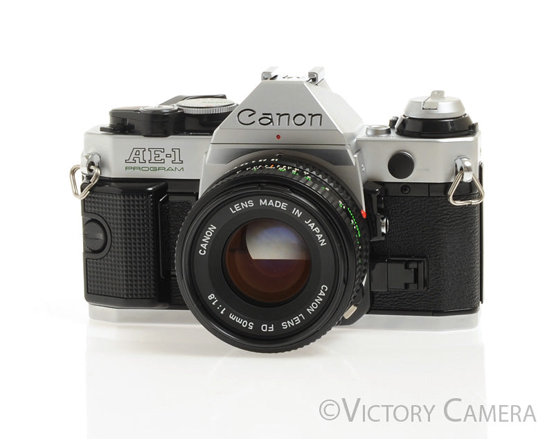 Canon AE-1 Program Chrome 35mm Film Camera w/ 50mm F1.8 Lens -New Seals- [NM] - Victory Camera