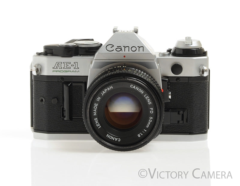 Canon AE-1 Program Chrome 35mm Film Camera w/ 50mm F1.8 Lens -New Seals- [EX+] - Victory Camera