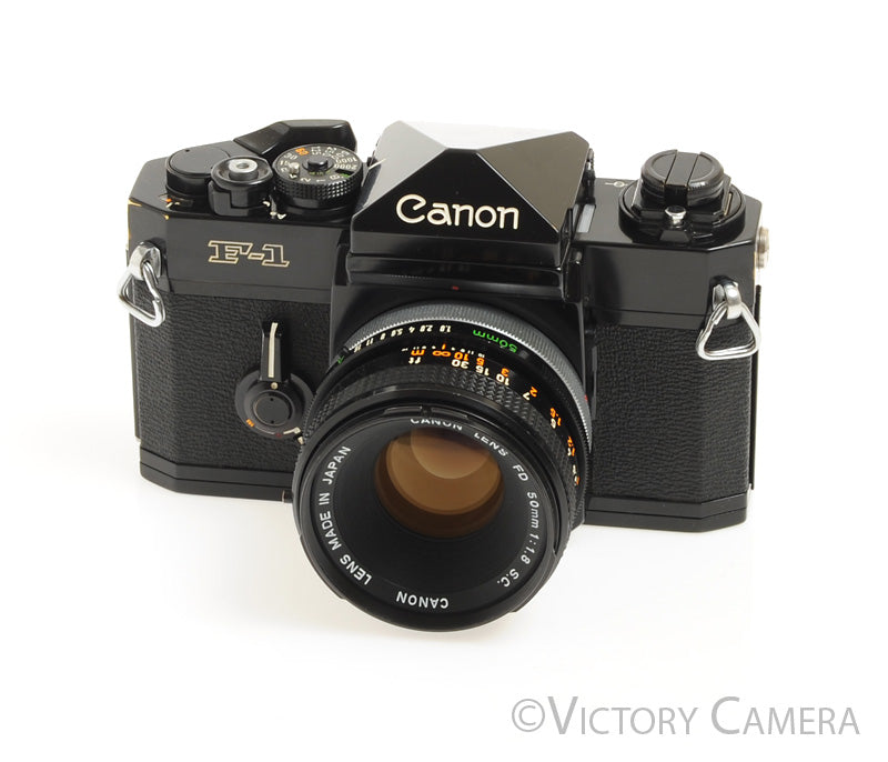 Canon F1 F-1 Black 35mm Camera Body w/ 50mm f1.8 Lens -New Seals- [Near Mint] - Victory Camera