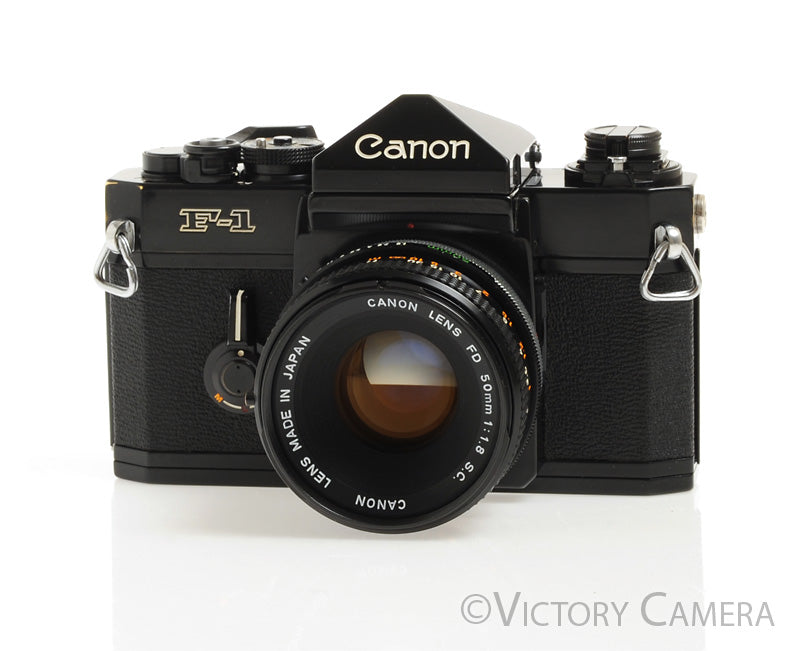 Canon F1 F-1 Black 35mm Camera Body w/ 50mm f1.8 Lens -New Seals- [Near Mint] - Victory Camera