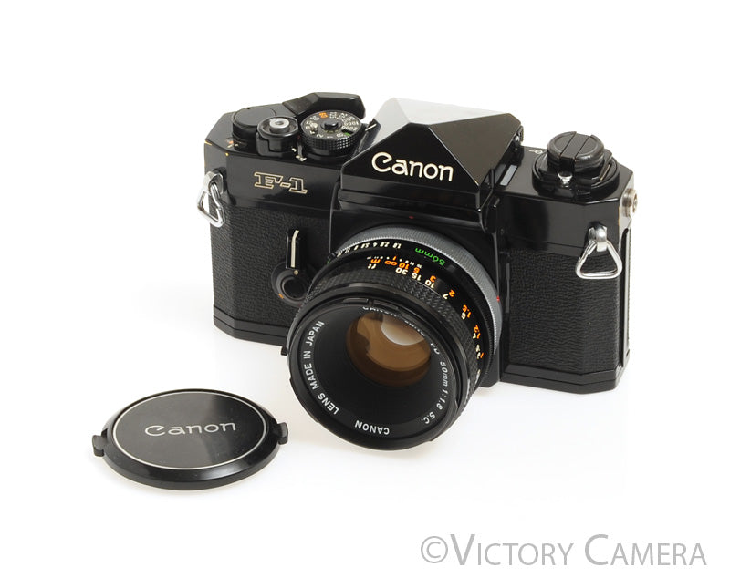 Canon F1 F-1 Black 35mm Camera Body w/ 50mm f1.8 Lens -New Seals- [Near Mint] - Victory Camera