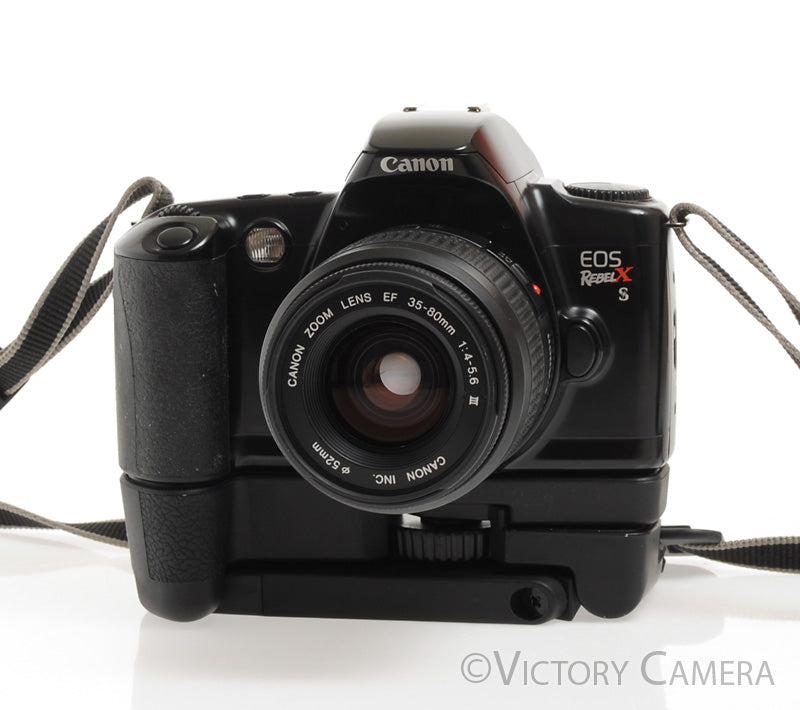 Canon Rebel XS 35mm Film Camera w/ 35-80mm Lens & GR80TP Tripod Grip - Victory Camera