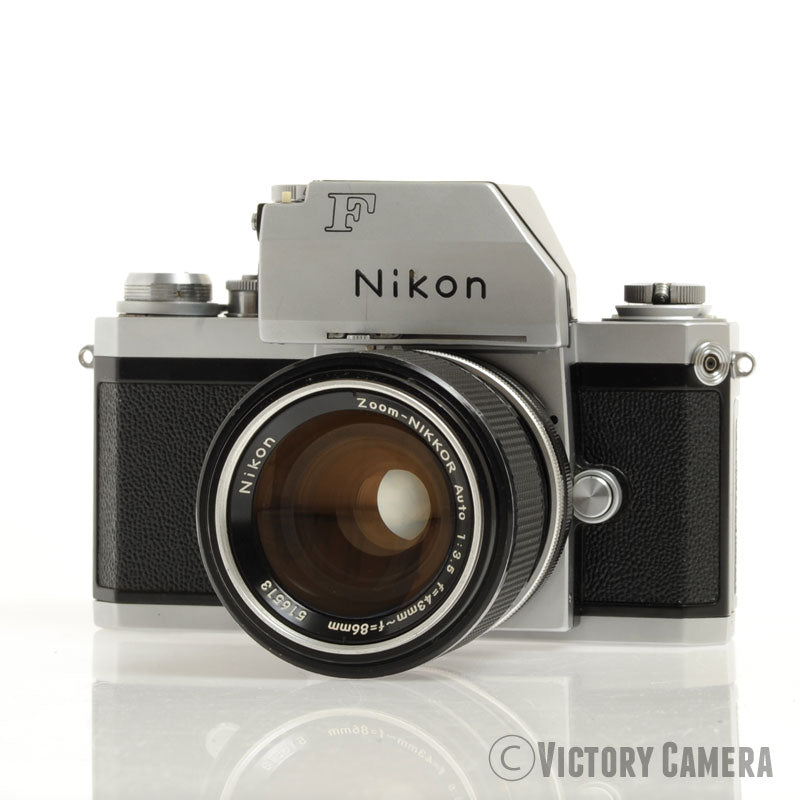 Nikon F Chrome 35mm Camera Body 43-86mm Zoom Lens + Prism, Case [EXC] - Victory Camera