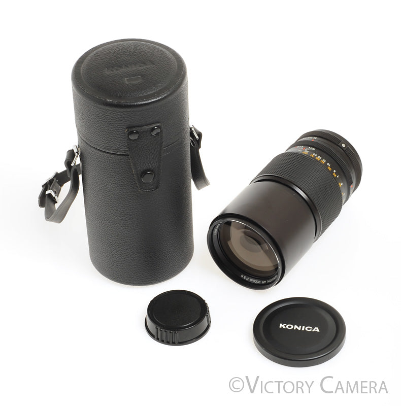 Konica Hexanon AR 200mm f/3.5 Telephoto Lens newest w/Built-in Hood, Filter, Caps, Case