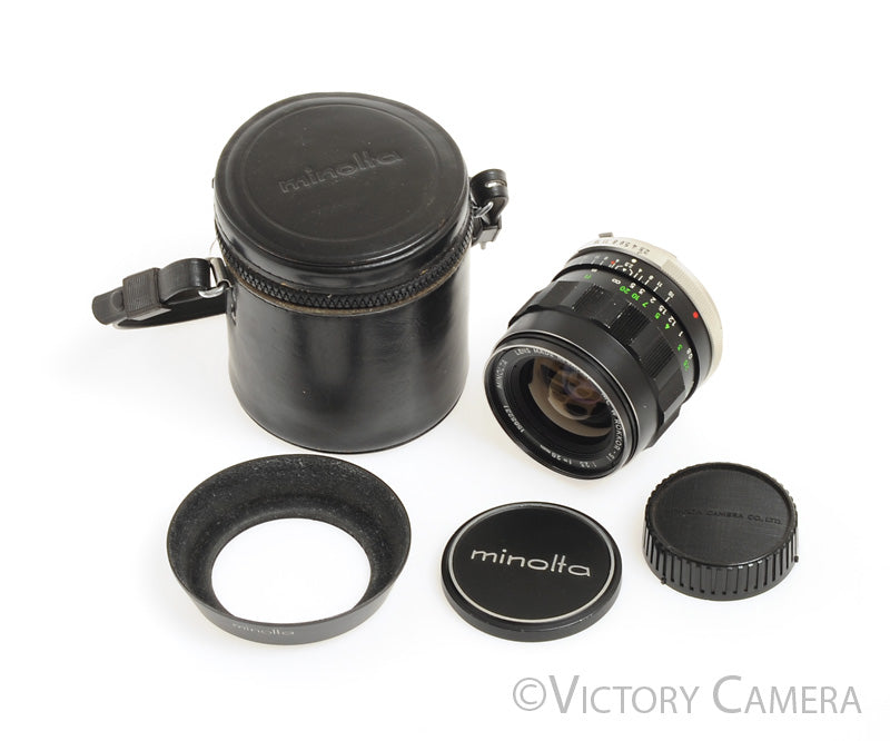 Minolta MC Rokkor-SI 28mm f2.5 Fast Wide Angle Prime Lens w/ Case + Shade [EX+] - Victory Camera