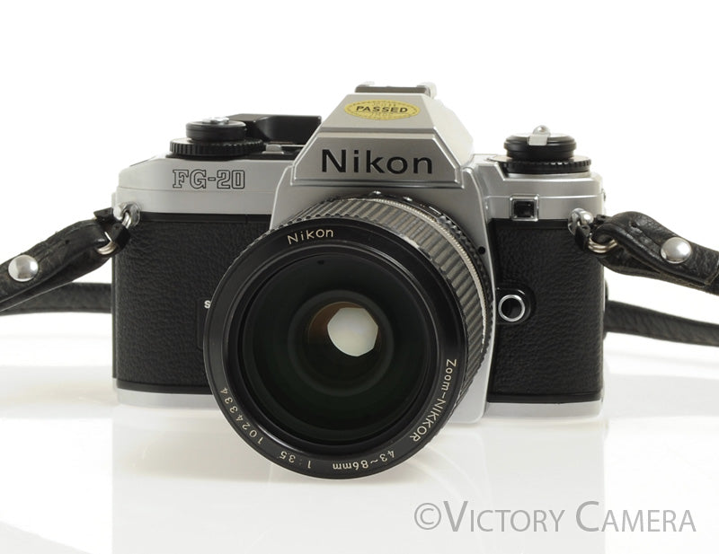 Nikon FG-20 FG20 35mm Camera with Nikkor 43-86mm Zoom Lens -Clean, New Seals- - Victory Camera