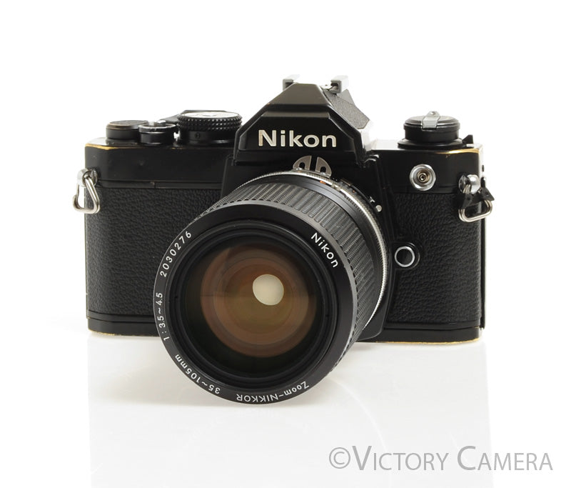 Nikon FM Black 35mm Camera w/ 35-105mm Zoom Lens -Good Seals- - Victory Camera