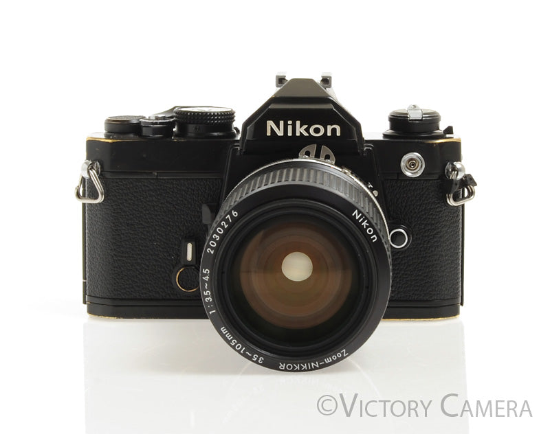 Nikon FM Black 35mm Camera w/ 35-105mm Zoom Lens -Good Seals- - Victory Camera