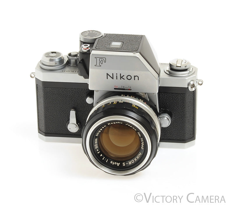 Nikon F Chrome 35mm SLR w/ 50mm f1.4 Nikkor Lens -Clean, Good Meter- - Victory Camera