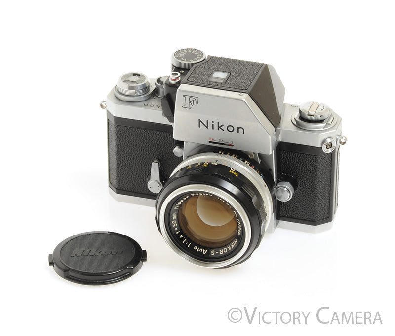 Nikon F Chrome 35mm SLR w/ 50mm f1.4 Nikkor Lens -Clean, Good Meter- - Victory Camera