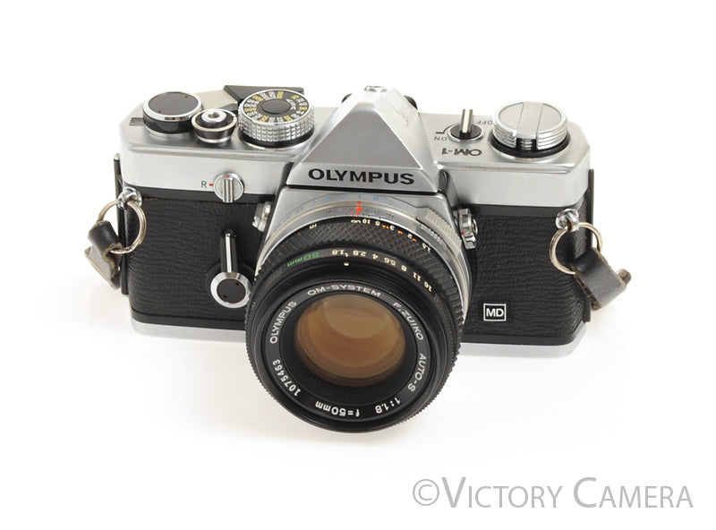 Olympus OM-1 MD Chrome Film Camera Body w/ 50mm f1.8 Lens -New Seals- [EXC]