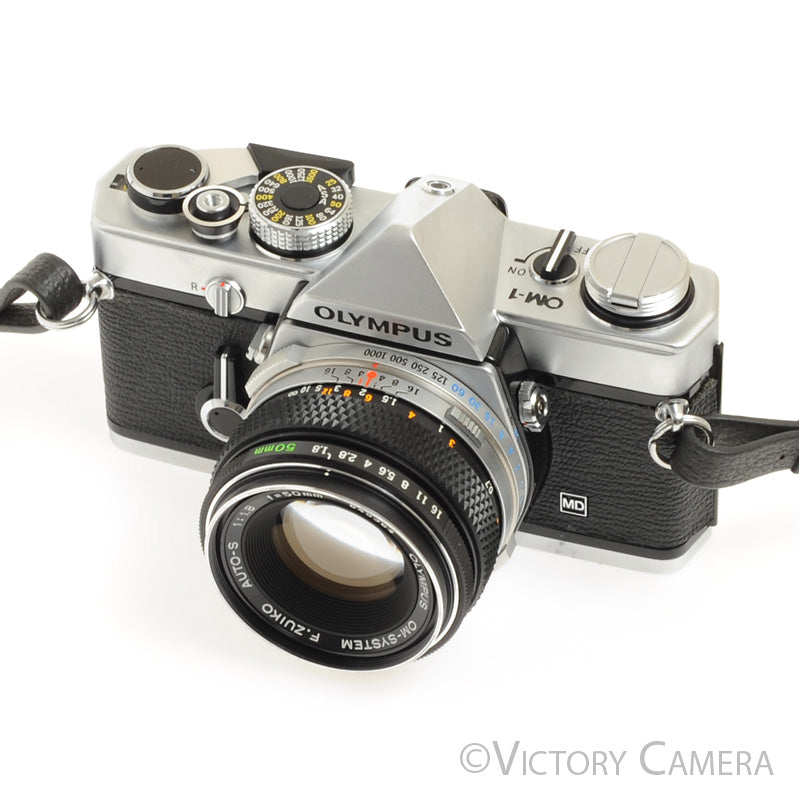 Olympus OM-1 MD Chrome Film Camera Body w/ 50mm f1.8 Lens -New Seals- [EXC+] - Victory Camera