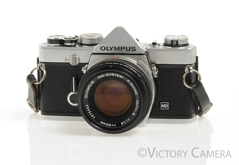 Olympus OM-1 MD Chrome Film Camera Body w/ 50mm f1.8 Lens -New Seals- [EXC]